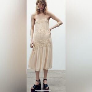 NWT Zara Women’s Collection  Cream Ecru Pleated Strap Midi Dress 7521/520 Small